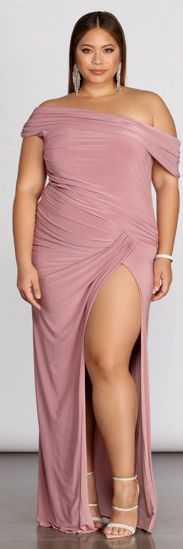 Plus Kaleigh Off Shoulder Dress is a stunning choice for a bridesmaid dress or maid of honor dress, and to feel beautiful at Homecoming 2023, fall or winter weddings, formals, & military balls!