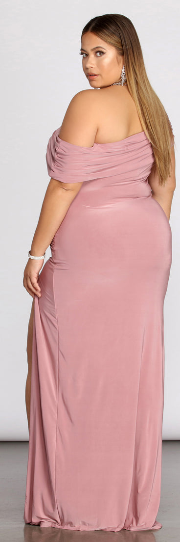 Plus Kaleigh Off Shoulder Dress is a stunning choice for a bridesmaid dress or maid of honor dress, and to feel beautiful at Homecoming 2023, fall or winter weddings, formals, & military balls!