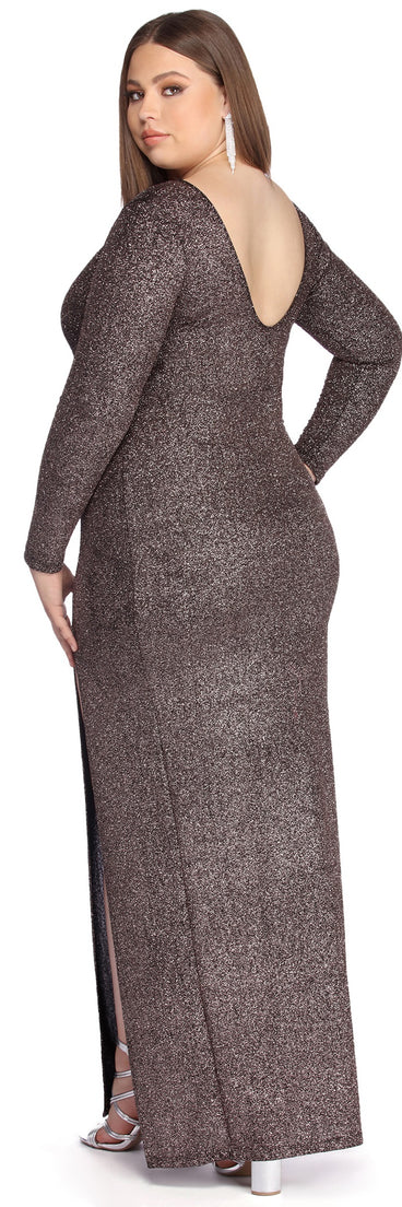 Plus Zaria Formal Glitter Dress provides gorgeous formal dress style to feel beautiful for Homecoming 2023, Bridesmaids, Wedding Guests, Winter Formal Dance, Military Balls, and Prom.