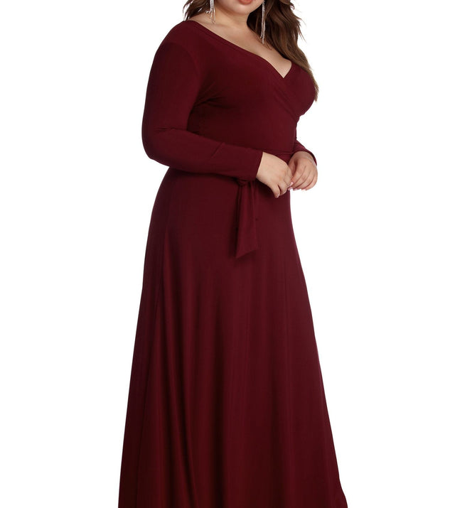 Plus Heather Wrap Formal Dress is a stunning choice for a bridesmaid dress or maid of honor dress, and to feel beautiful at Homecoming 2023, fall or winter weddings, formals, & military balls!