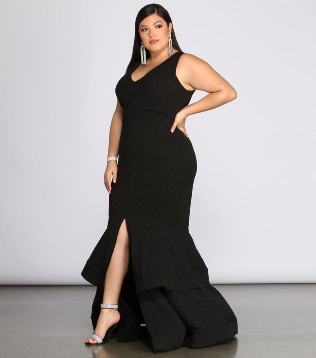 Plus Sandra Glitter Ruffle Dress provides gorgeous formal dress style to feel beautiful for Homecoming 2023, Bridesmaids, Wedding Guests, Winter Formal Dance, Military Balls, and Prom.