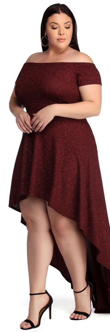 Plus Penelope Glitter Formal High Low Dress provides gorgeous formal dress style to feel beautiful for Homecoming 2023, Bridesmaids, Wedding Guests, Winter Formal Dance, Military Balls, and Prom.