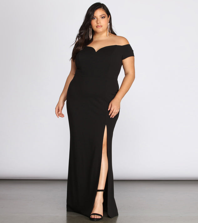 Plus Oriana Off-Shoulder Gown is a stunning choice for a bridesmaid dress or maid of honor dress, and to feel beautiful at Homecoming 2023, fall or winter weddings, formals, & military balls!