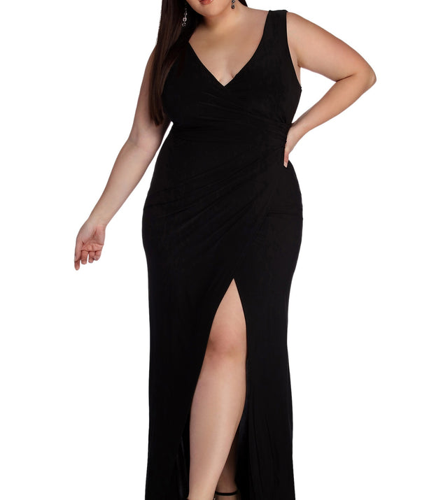 Plus Karla Formal Wrap Dress provides gorgeous formal dress style to feel beautiful for Homecoming 2023, Bridesmaids, Wedding Guests, Winter Formal Dance, Military Balls, and Prom.