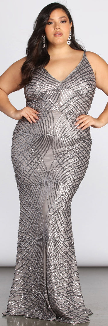 Plus Alani Sequin Scroll Dress provides gorgeous formal dress style to feel beautiful for Homecoming 2023, Bridesmaids, Wedding Guests, Winter Formal Dance, Military Balls, and Prom.