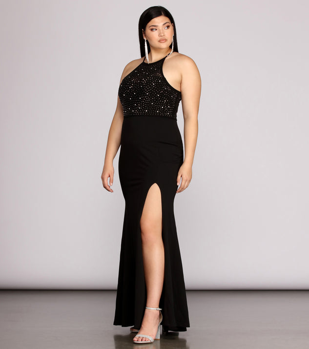 Plus Kacey Formal Heat Stone Dress is a stunning choice for a bridesmaid dress or maid of honor dress, and to feel beautiful at Homecoming 2023, fall or winter weddings, formals, & military balls!