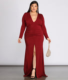 Plus Denise Formal Plunging Ruched Dress provides gorgeous formal dress style to feel beautiful for Homecoming 2023, Bridesmaids, Wedding Guests, Winter Formal Dance, Military Balls, and Prom.