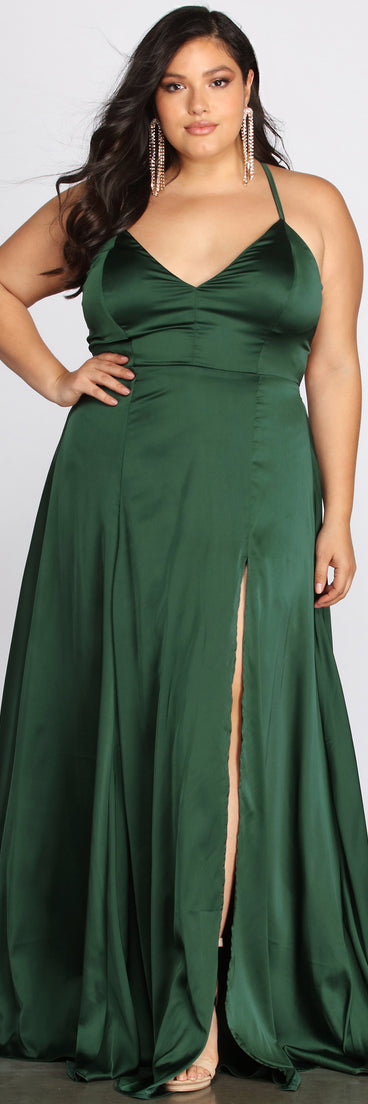 Plus Vera Satin Lace Up Formal Dress provides gorgeous formal dress style to feel beautiful for Homecoming 2023, Bridesmaids, Wedding Guests, Winter Formal Dance, Military Balls, and Prom.