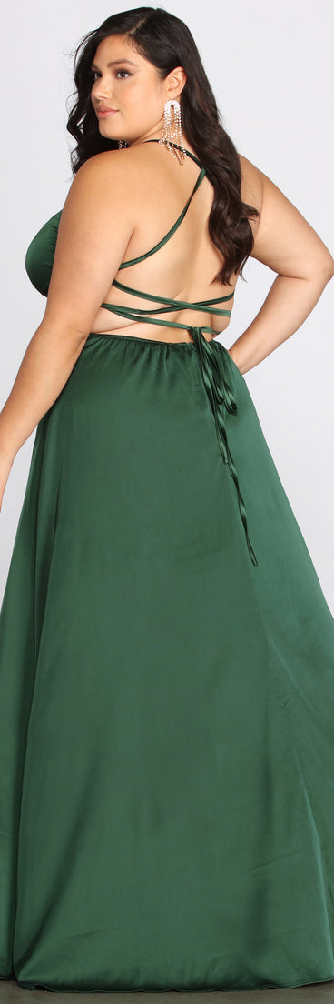 Plus Vera Satin Lace Up Formal Dress provides gorgeous formal dress style to feel beautiful for Homecoming 2023, Bridesmaids, Wedding Guests, Winter Formal Dance, Military Balls, and Prom.