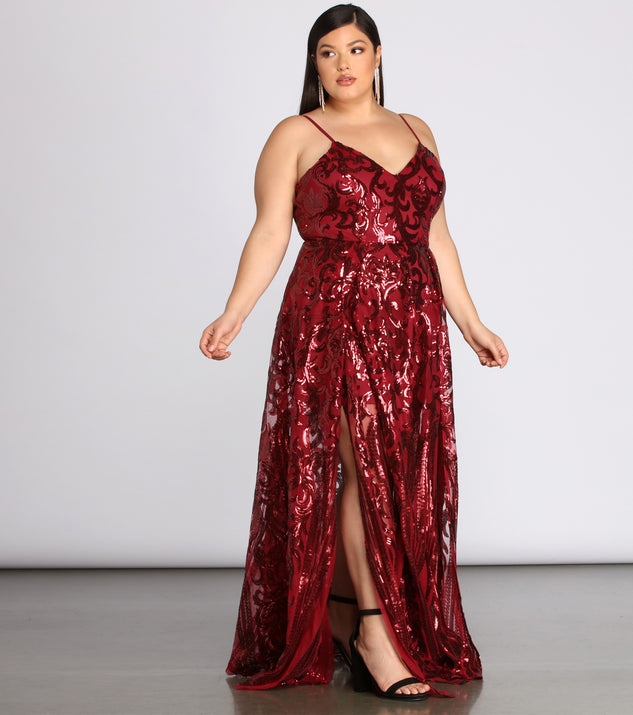 Plus Juliet Formal Sequin Scroll Dress provides gorgeous formal dress style to feel beautiful for Homecoming 2023, Bridesmaids, Wedding Guests, Winter Formal Dance, Military Balls, and Prom.