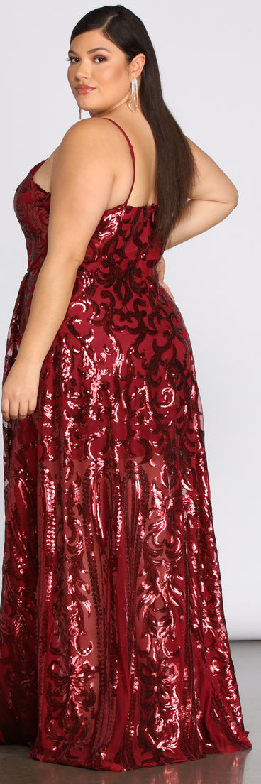 Plus Juliet Formal Sequin Scroll Dress provides gorgeous formal dress style to feel beautiful for Homecoming 2023, Bridesmaids, Wedding Guests, Winter Formal Dance, Military Balls, and Prom.