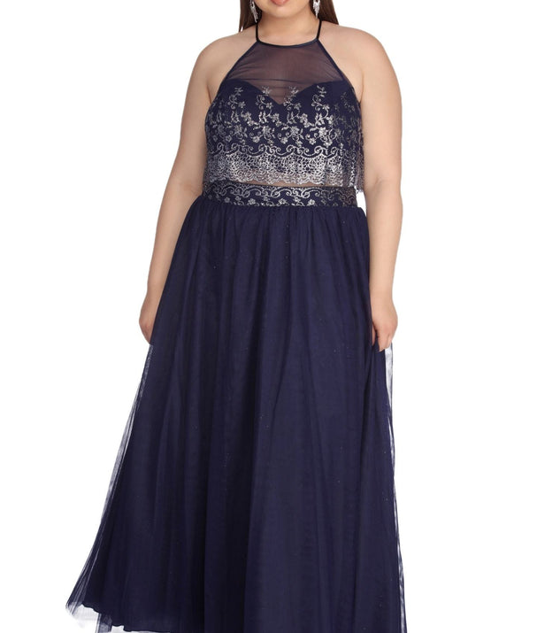 Plus Carmen Glitter Ball Gown provides gorgeous formal dress style to feel beautiful for Homecoming 2023, Bridesmaids, Wedding Guests, Winter Formal Dance, Military Balls, and Prom.