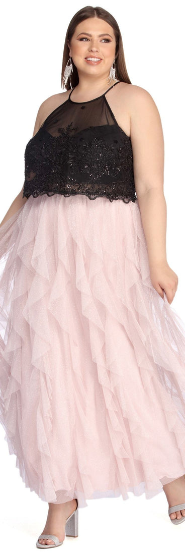 Plus Missy Tendril Ball Gown provides gorgeous formal dress style to feel beautiful for Homecoming 2023, Bridesmaids, Wedding Guests, Winter Formal Dance, Military Balls, and Prom.